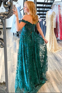 Green Off the Shoulder Side Slit Tulle Formal Dress