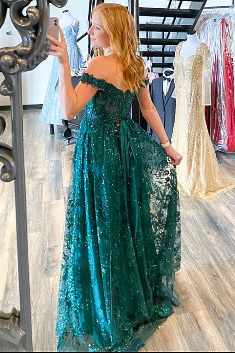 Green Off the Shoulder Side Slit Tulle Formal Dress