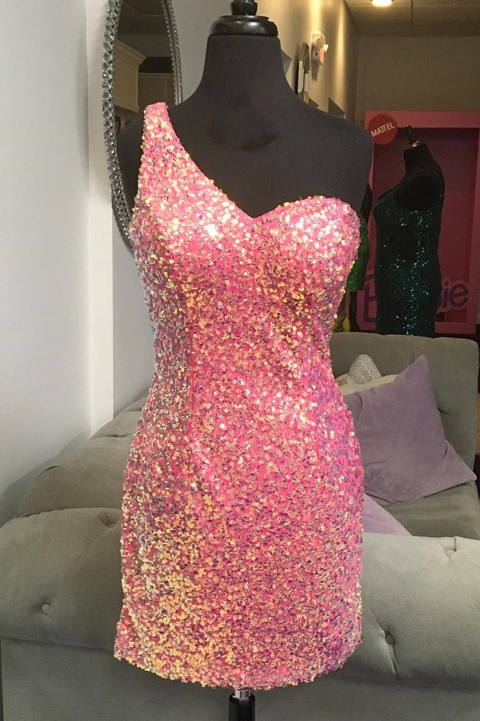 One Shoulder Pink Sequin Bodycon Mini Dress