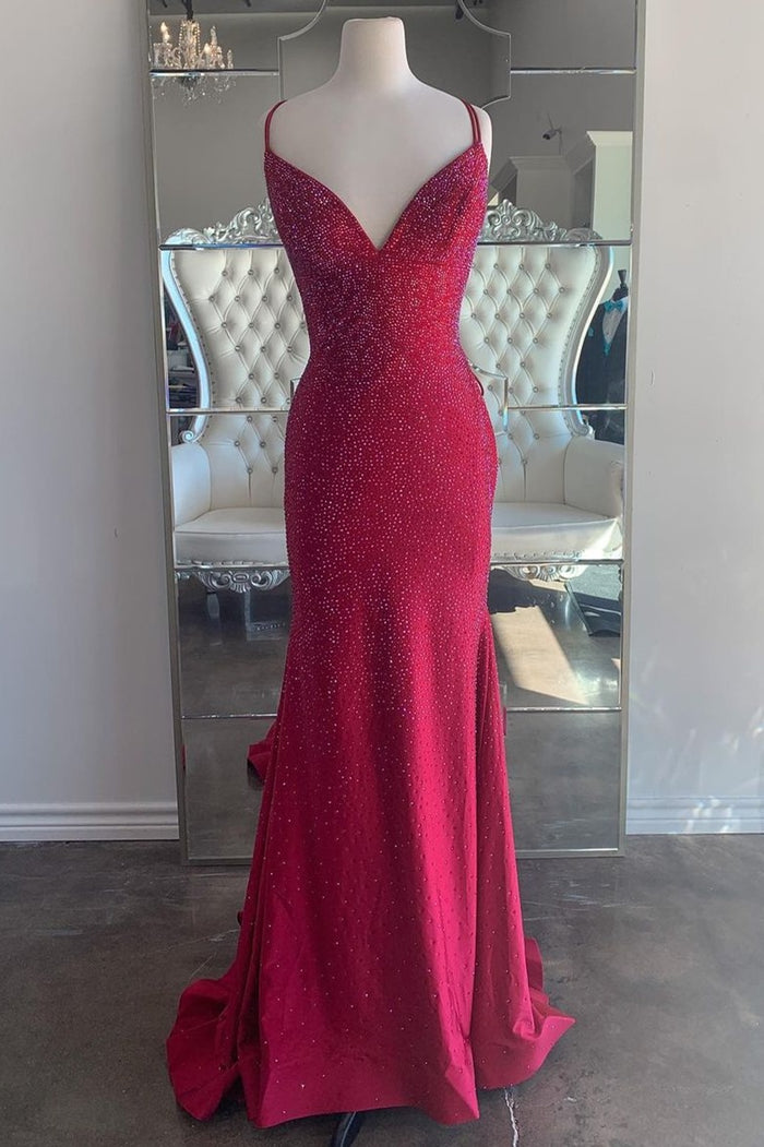 Gorgeous Mermaid Red Lace Up Back Long Formal Dress