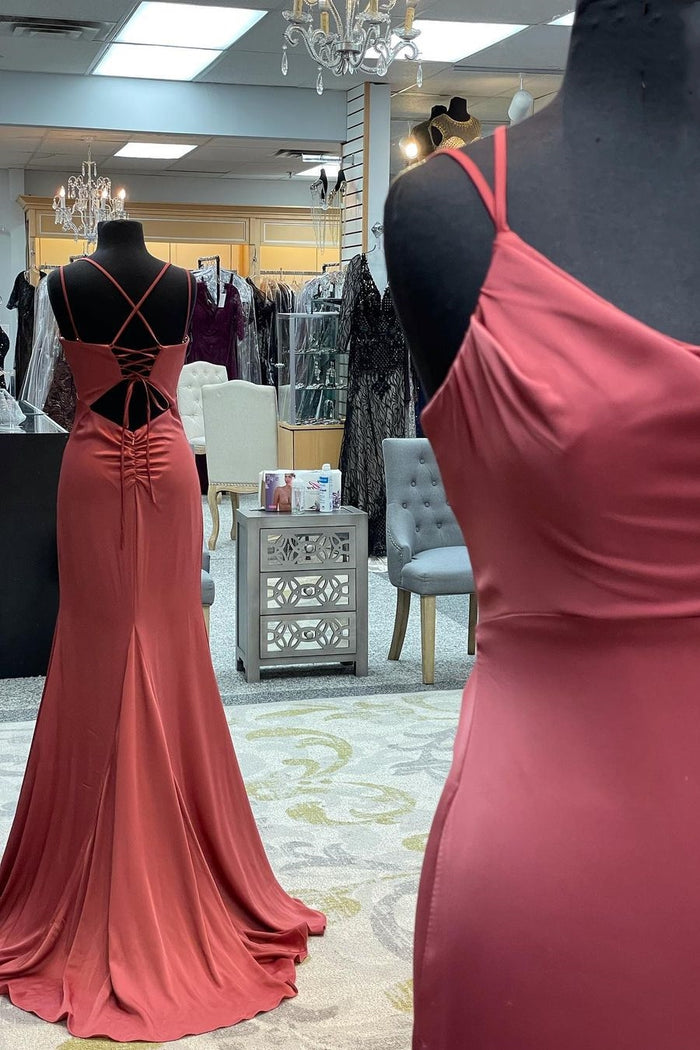 Mauve Mermaid Cowl Neck Straps Long Prom Dress