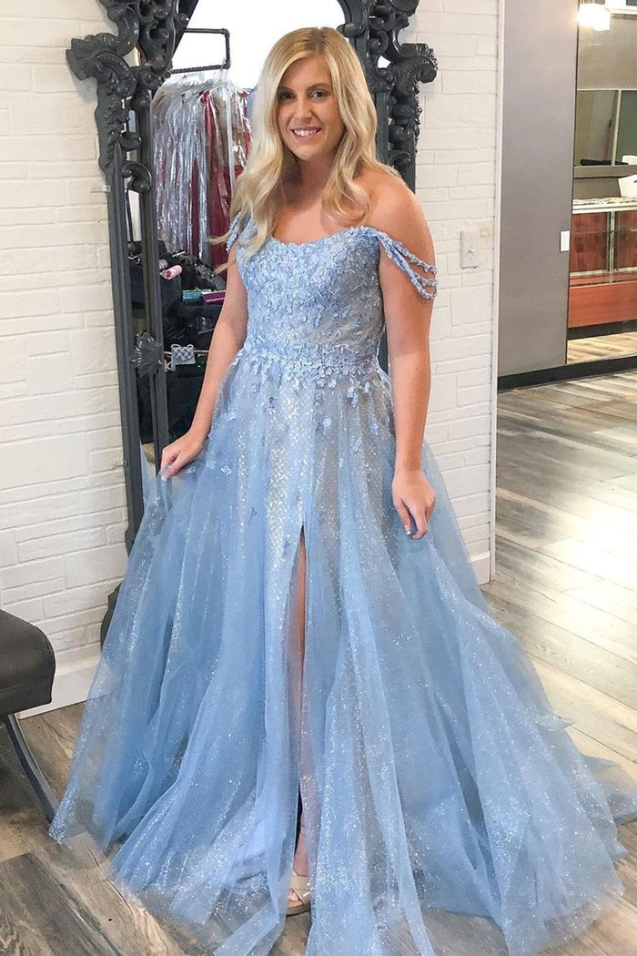 Off the Shoulder Light Blue Appliques Tulle Long Prom Gown