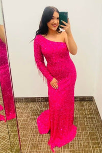 One Sleeve Neon Pinl Sequin Mermaid Tassel Long Prom Dress