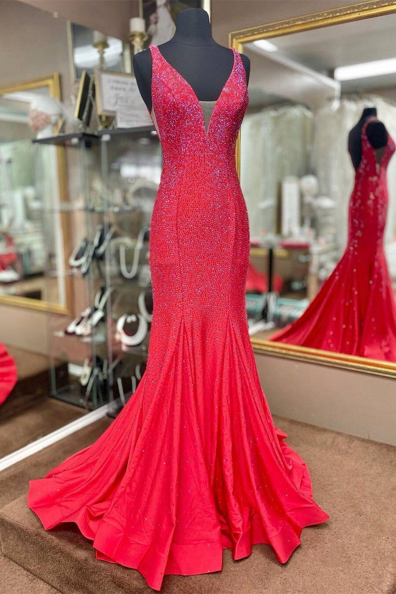 Gorgeous V Neck Beaded Mermaid Long Formal Dress