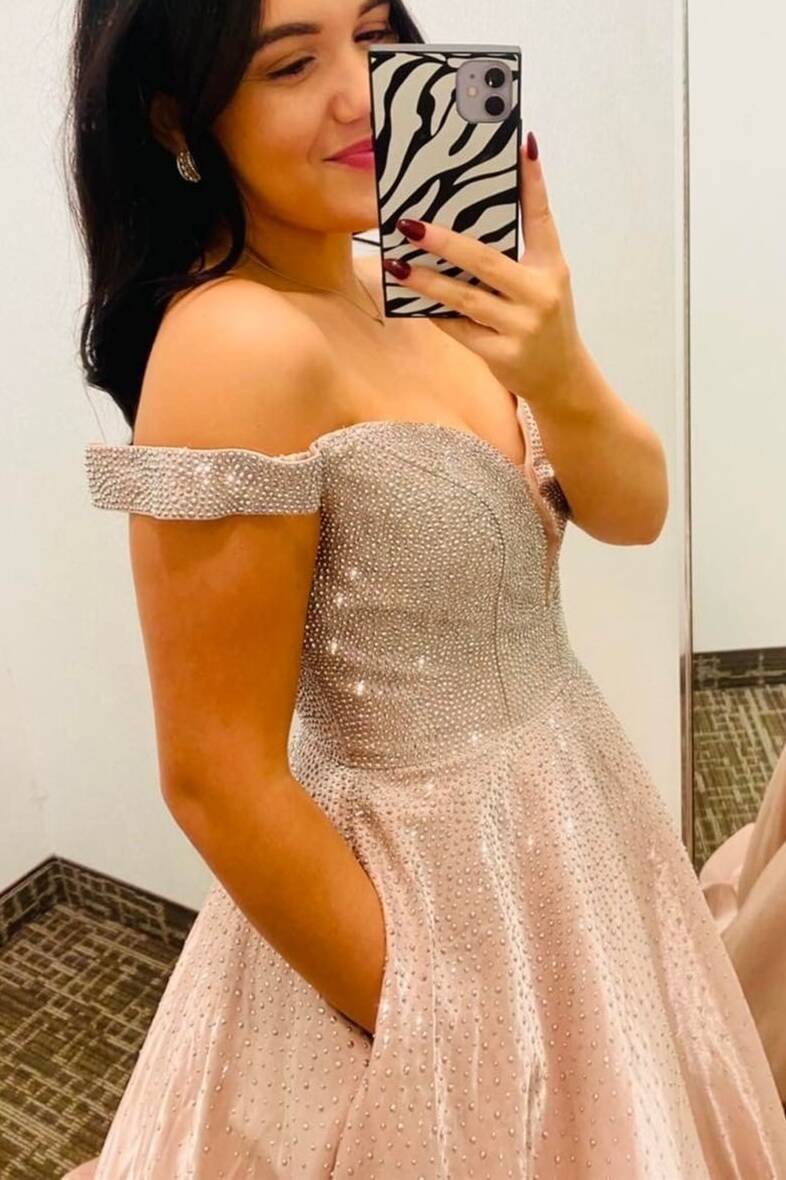 Off the Shoulder Beaded Satin Long Prom Gown