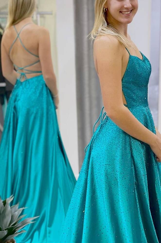 Spaghetti Straps Beaded Teal Blue A-line Long Formal Dress