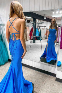 Blue Beaded Mermaid Straps Long Formal Dress