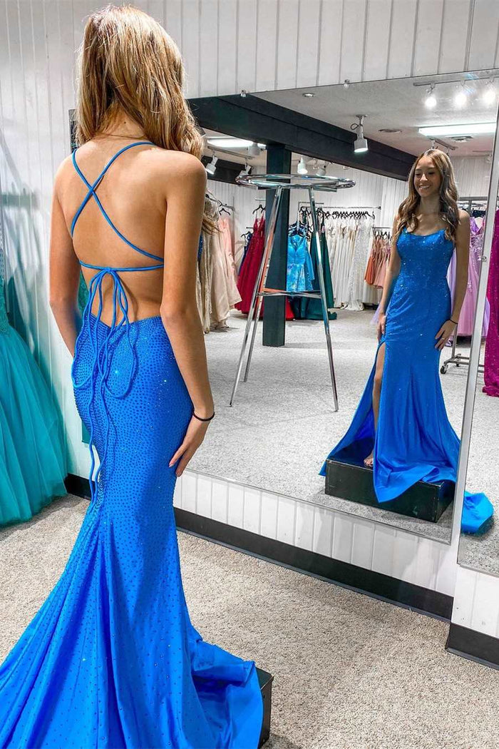 Blue Beaded Mermaid Straps Long Formal Dress
