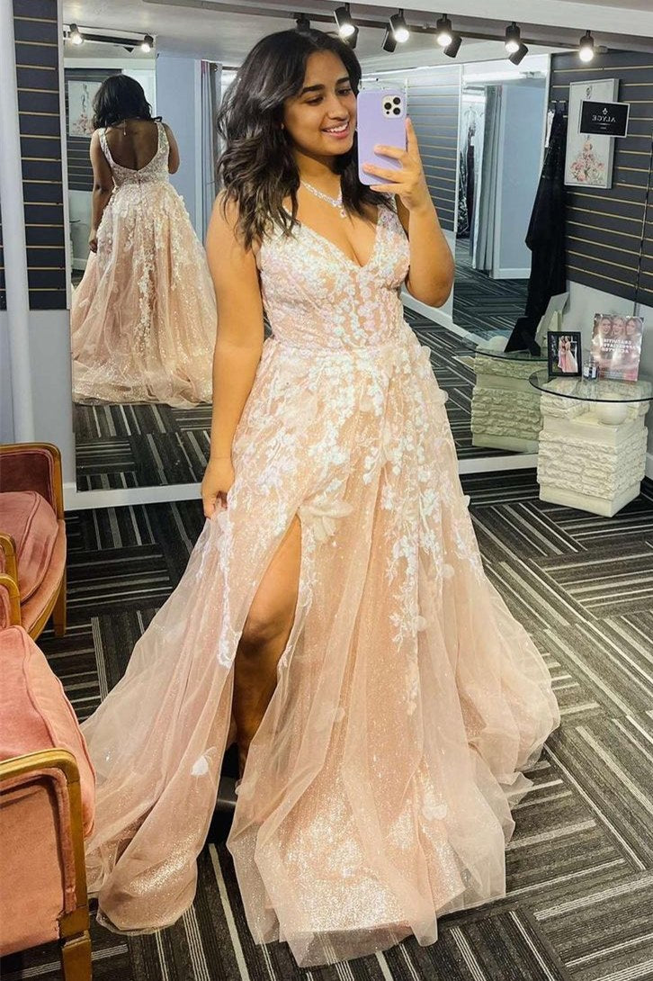 A-line Appliques Tulle Long Formal Dress