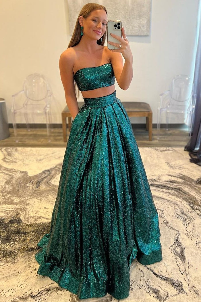 Sexy Two Piece Green Sequins A-line Long Formal Gown