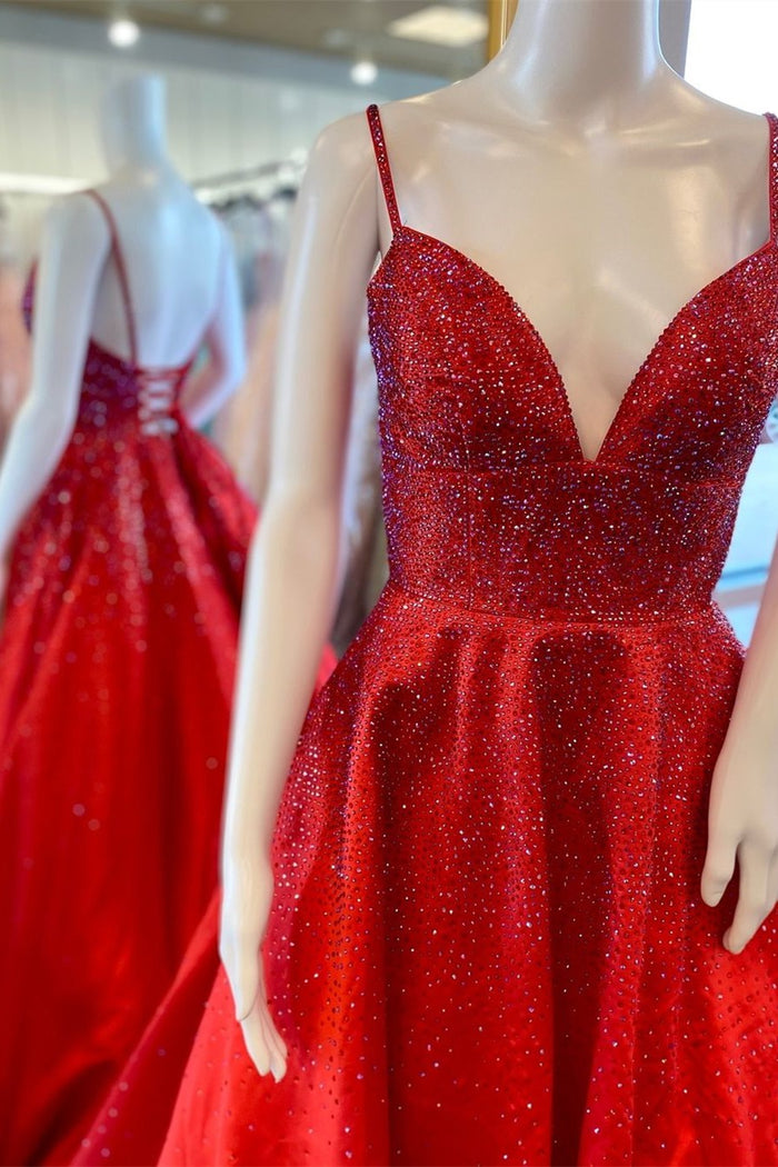 Spaghetti Straps Red Satin Beaded A-line Long Formal Gown