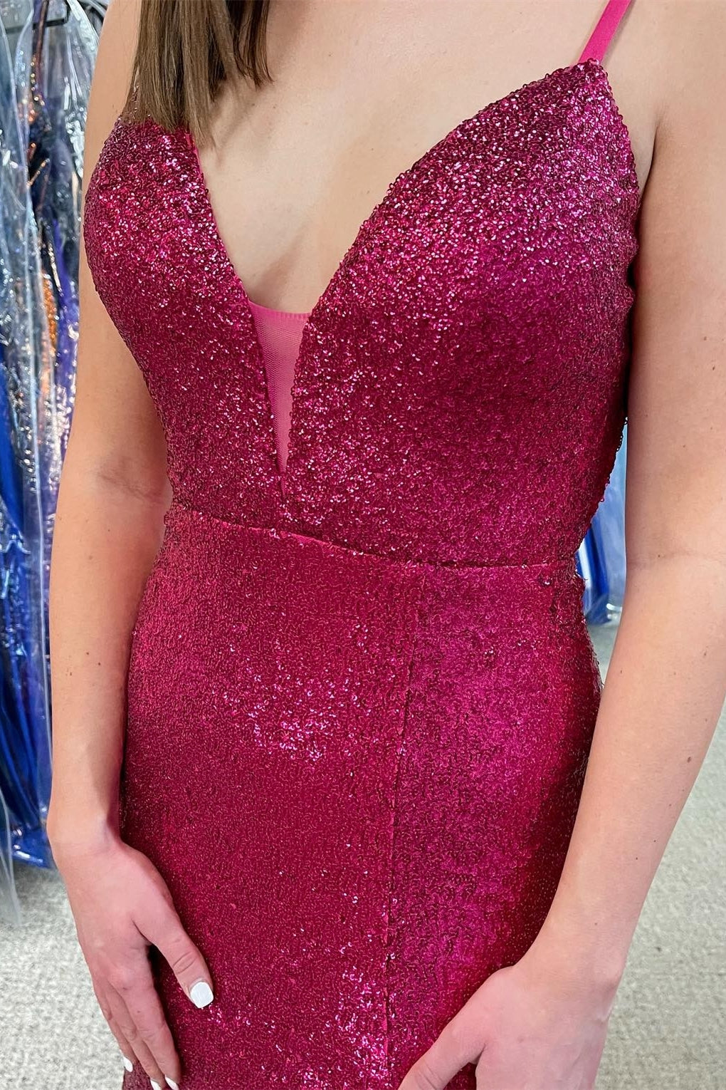 Fuchsia Sequin Mermaid Long Prom Dress with Slit