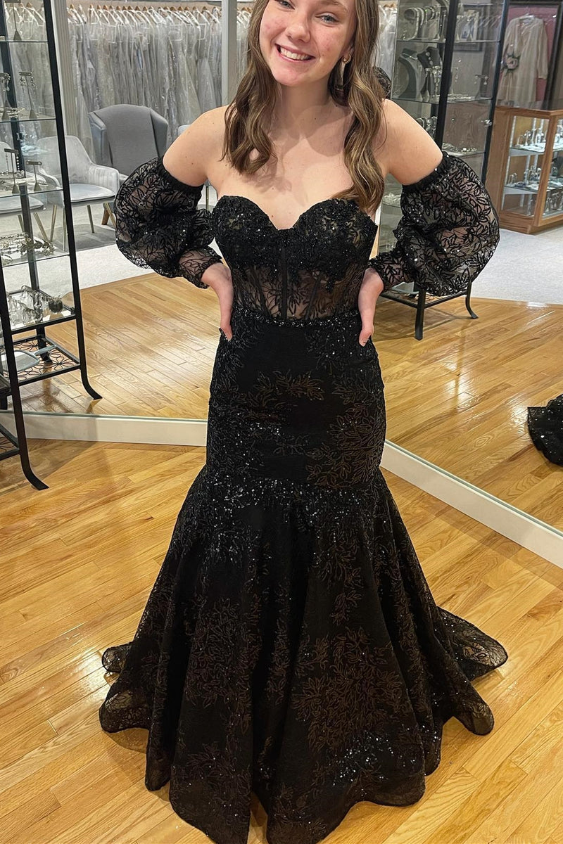 Sweetheart Black Appliques Mermaid Long Formal Dress