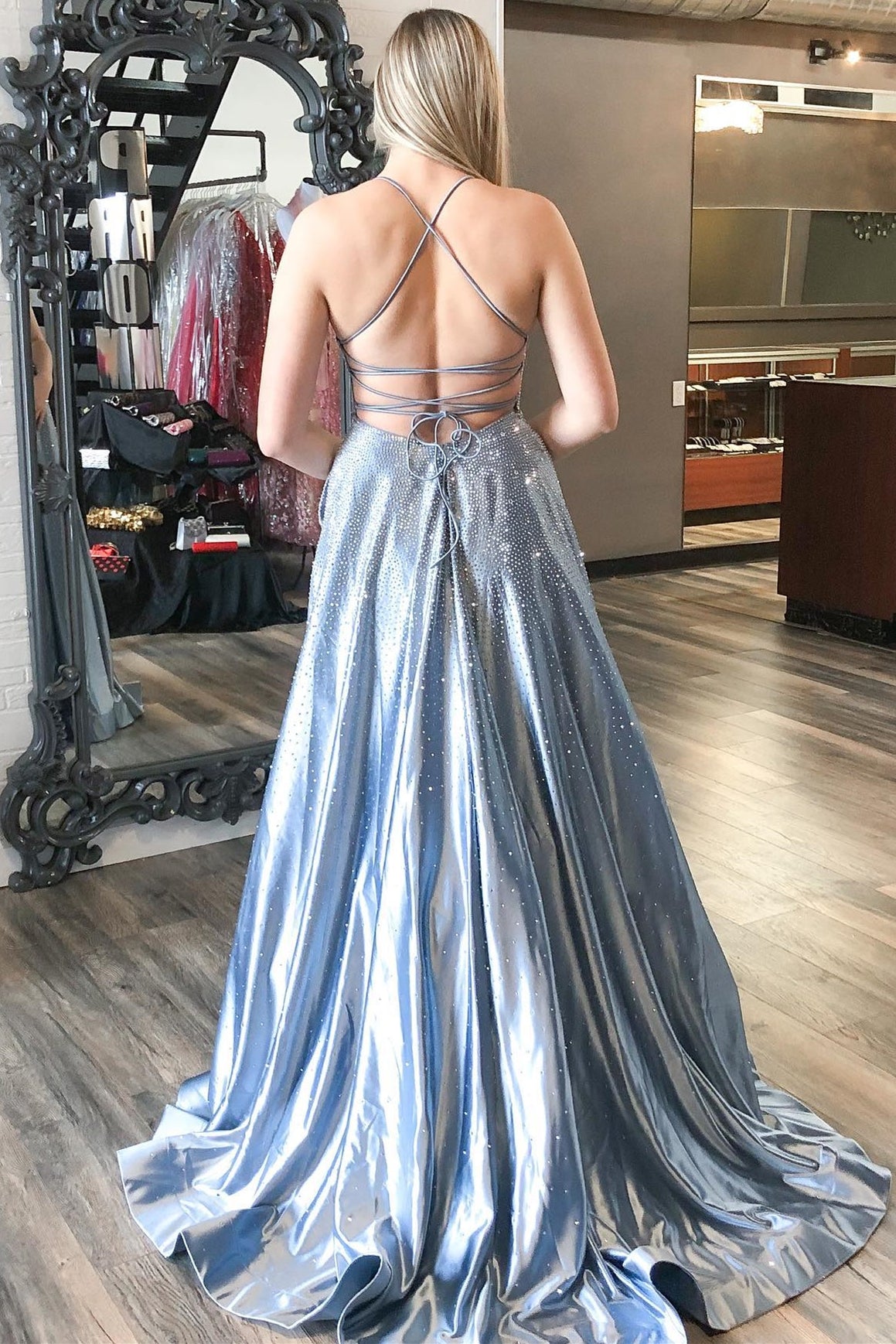 Silver A-line Beaded Satin Long Formal Dress