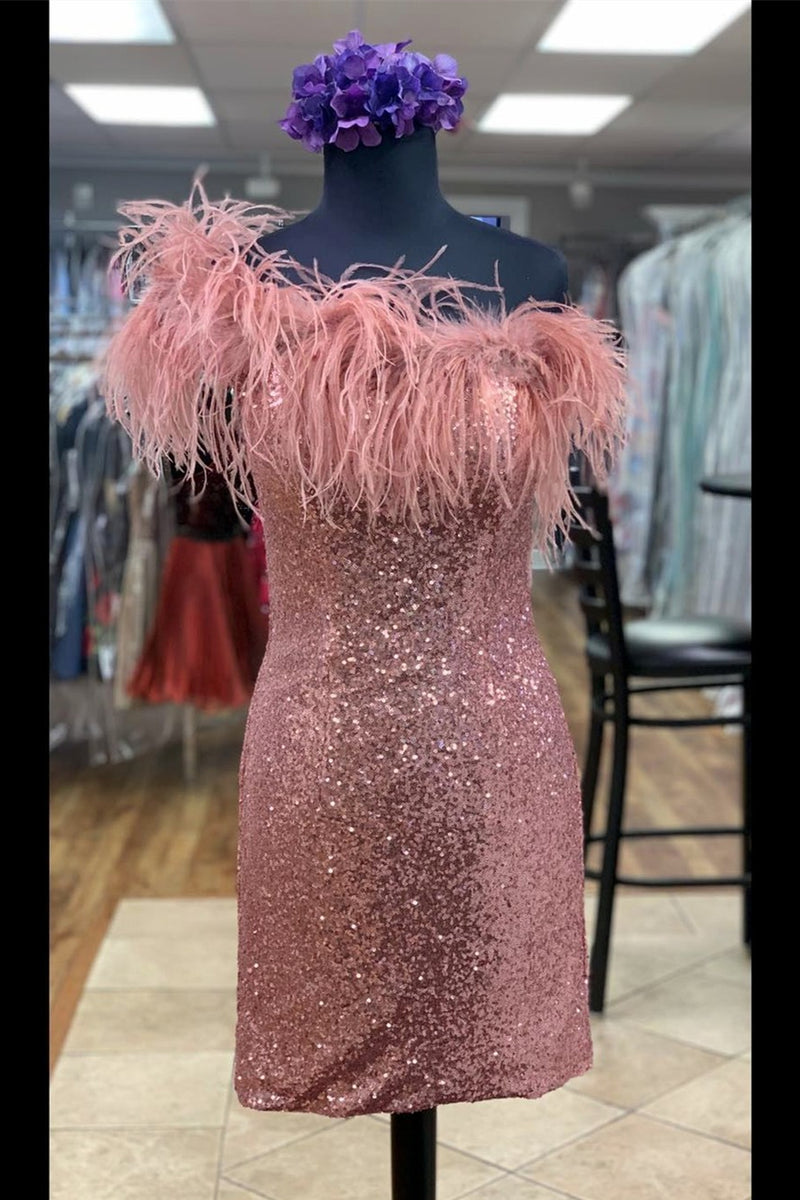 One-Shoulder Light Blue Sequins Feather Mini Homecoming Dress