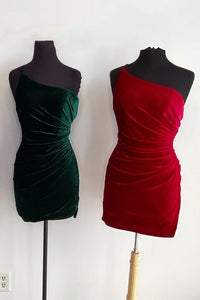Short Emerald One-Shoulder Ruched Cocktail Dress