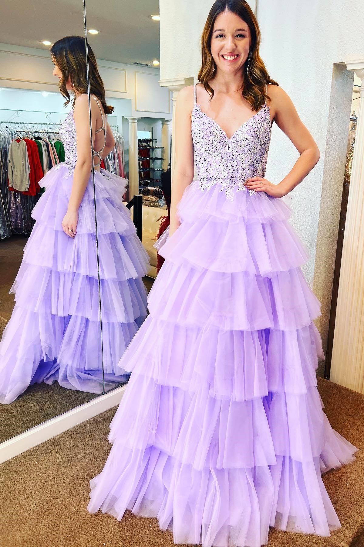 Multi-Tiered Lace Beaded V-Neck Long Prom Dress