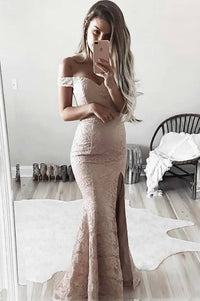 Elegant Off Shoulder Mermaid Pink Lace Bridesmaid Dress with Slit