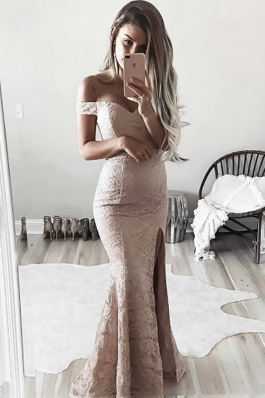 Elegant Off Shoulder Mermaid Pink Lace Bridesmaid Dress with Slit