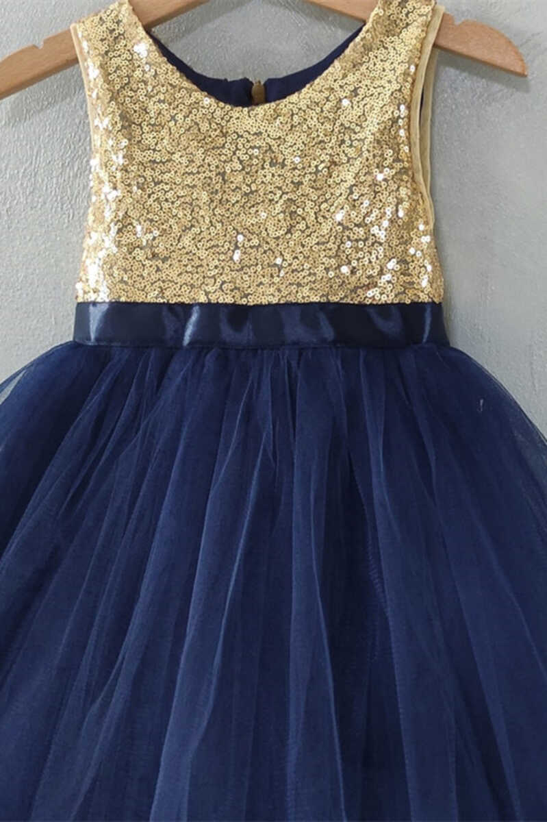 Gold&Navy Blue Sequins Banded Waist Flower Girl Dress