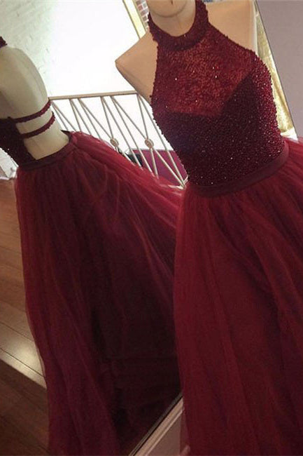 Halter Dark Red Long Tulle Prom Dress Evening Dress