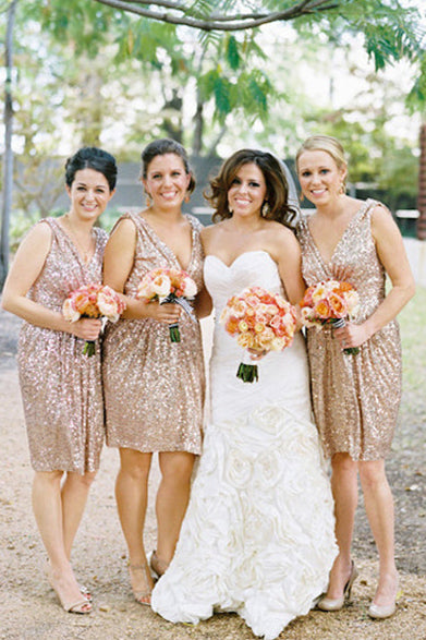 Hot Selling Sexy V-neck Knee-Length Sequin Champagne Bridesmaid Dress