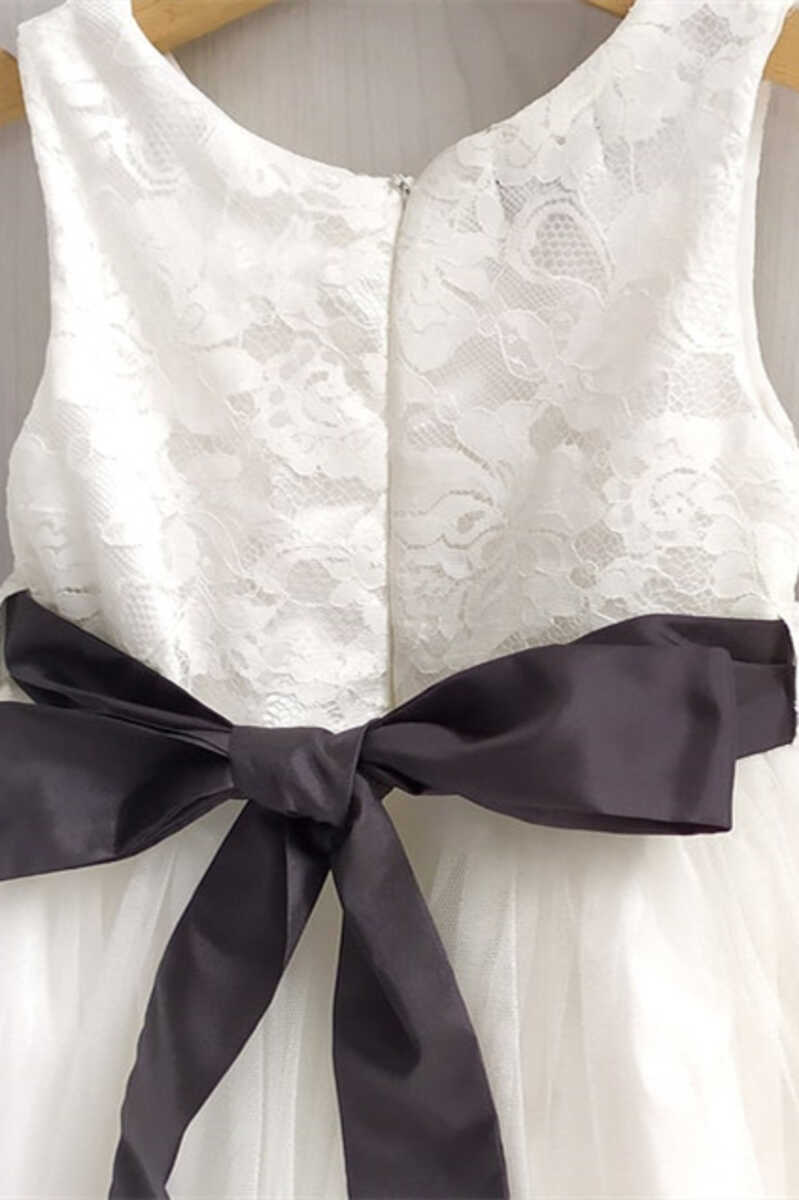White Lace Tie Front Flower Girl Dress