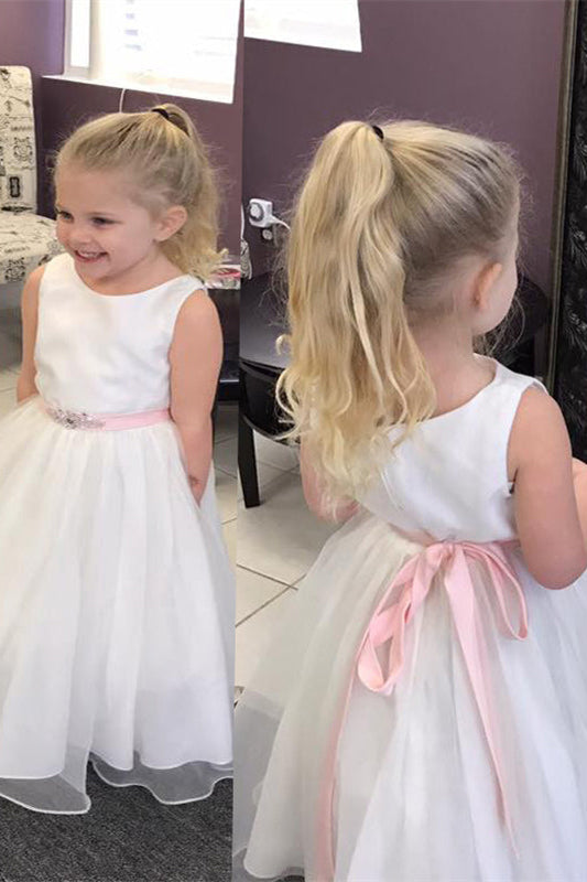 Modest White Long Flower Girl Dress with Pink Sash