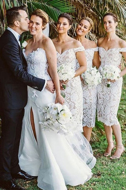Off the Shoulder White Lace Tea Length Bodycon Bridesmaid Dress