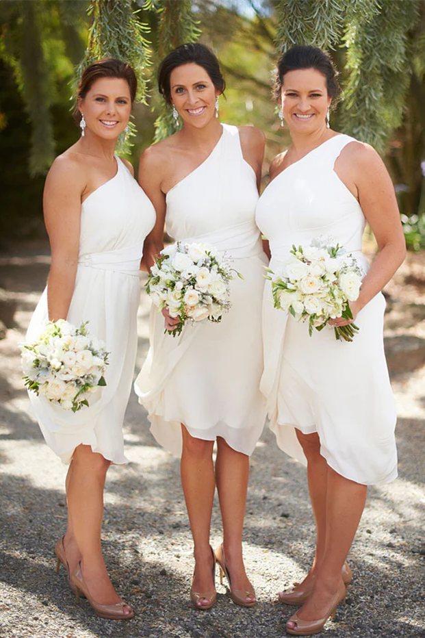 One Shoulder White Chiffon Short Bridesmaid Dress