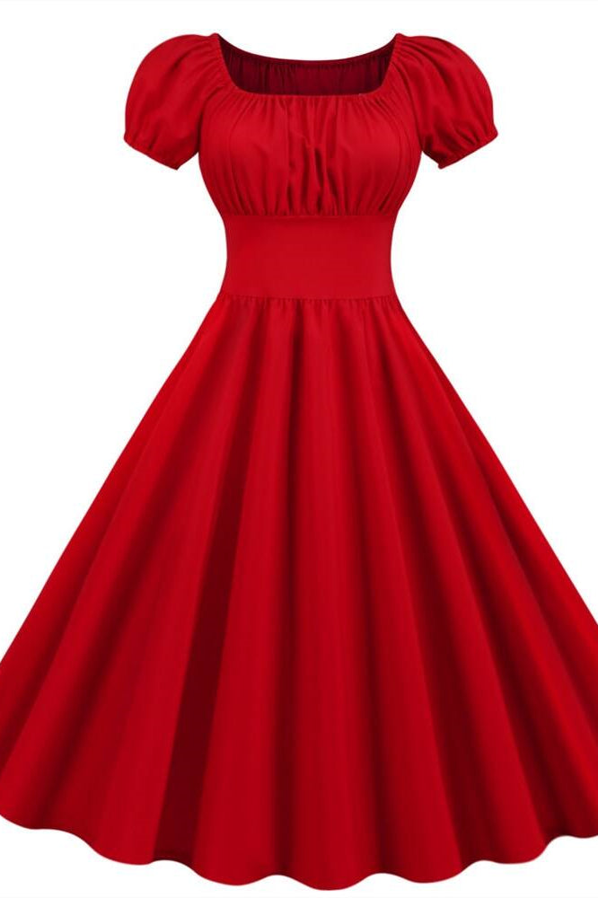 Red Square Neck Short Swing Dress