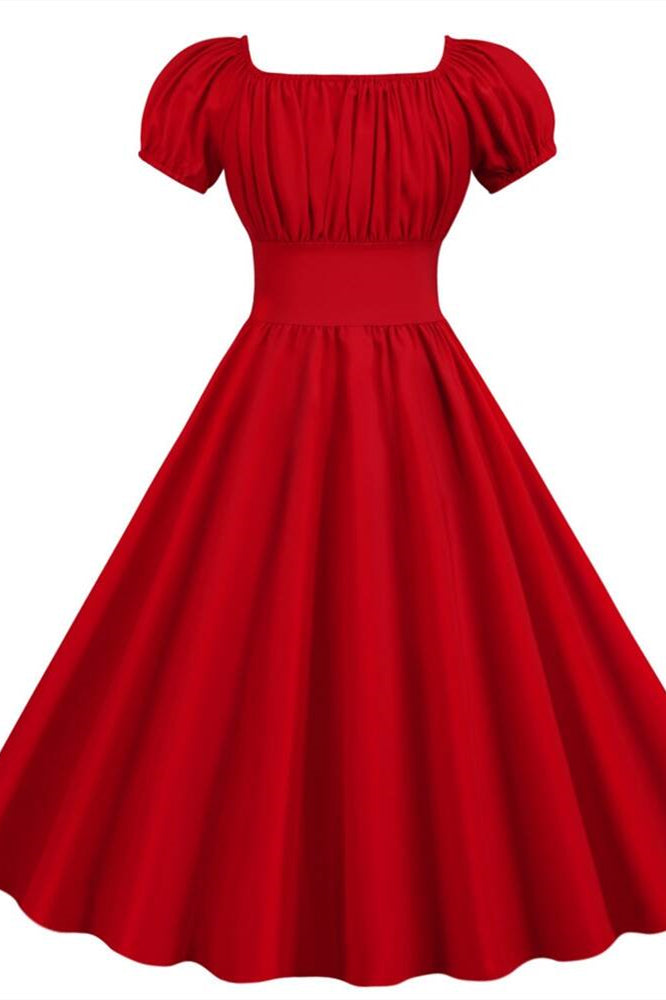 Red Square Neck Short Swing Dress