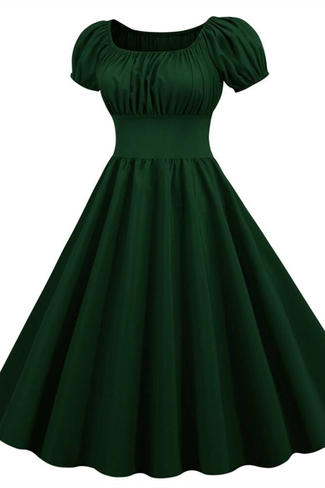 Dark Green Square Neck Short Swing Dress