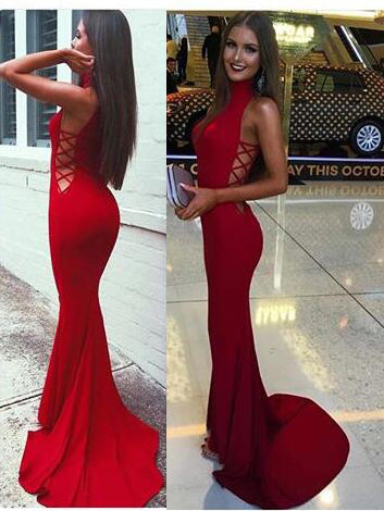 Sexy High Neck Mermaid Long Red Evening Dress