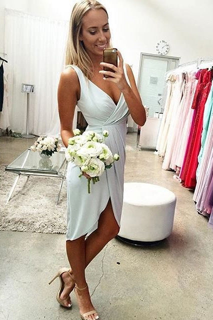 Short V Neck Light Blue Chiffon Bridesmaid Dress