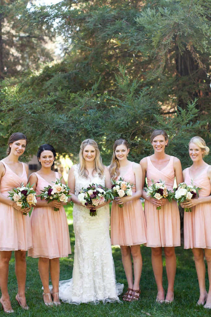 Simple V Neck Short Chiffon Pink Bridesmaid Dress