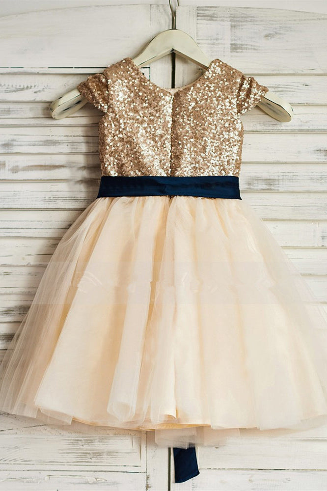 Sparkly Gold Sequins Flower Girl Dress with Navy Blue Sash