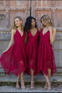 Straps V Neck Tea Length Fuchsia Lace Bridesmaid Dress