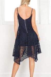 Straps V Neck Tea Length Navy Blue Lace Bridesmaid Dress