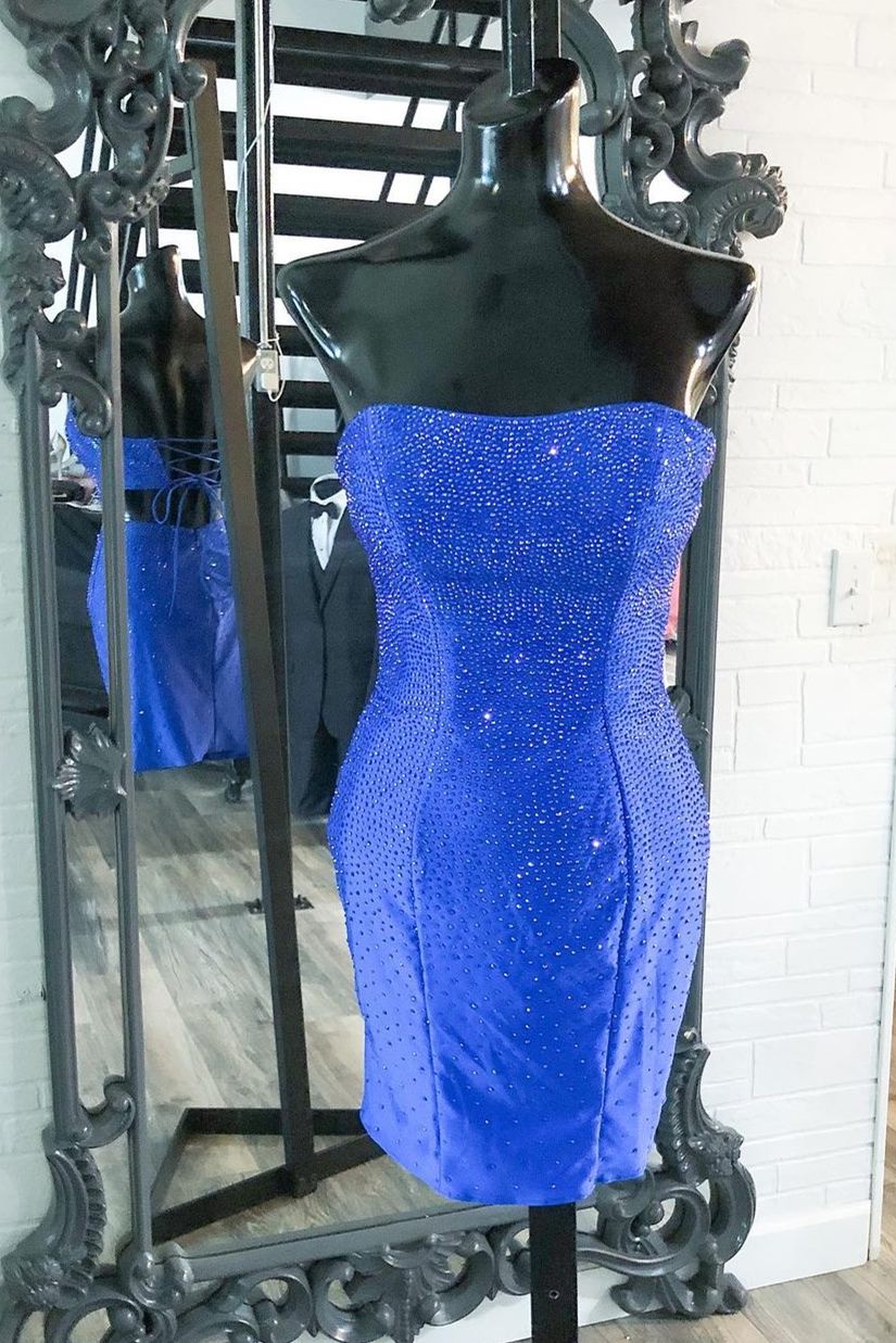 Red Beaded Strapless Lace-Up Mini Homecoming Dress