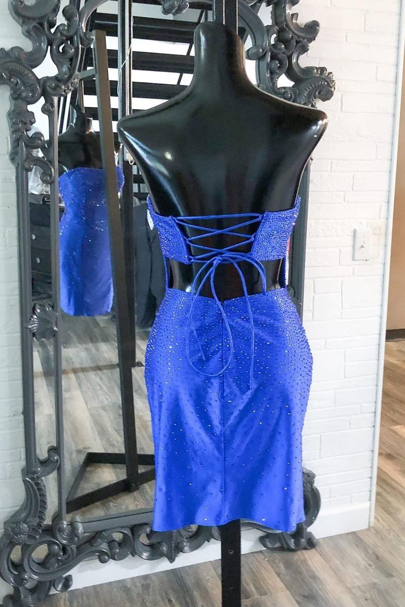 Red Beaded Strapless Lace-Up Mini Homecoming Dress