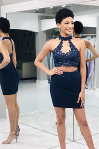 Two Piece Tight Short Burgundy-Blue Homecoming Dress with Key Hole