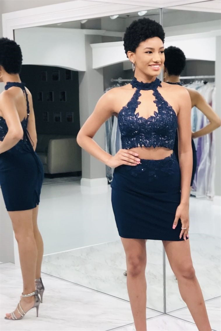 Two Piece Tight Short Burgundy-Blue Homecoming Dress with Key Hole