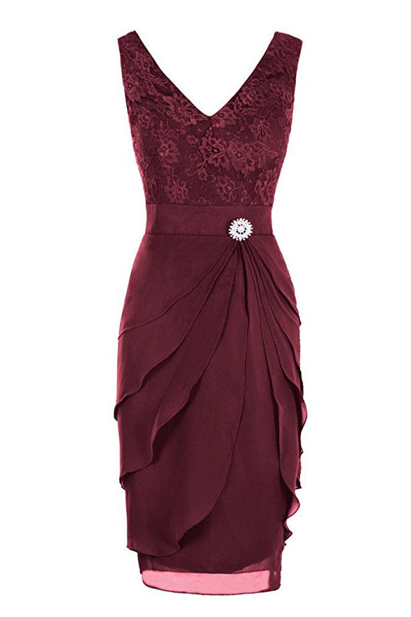 V Neck Short Burgundy Mother of Bride Dress