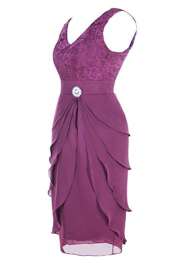 V Neck Short Burgundy Mother of Bride Dress