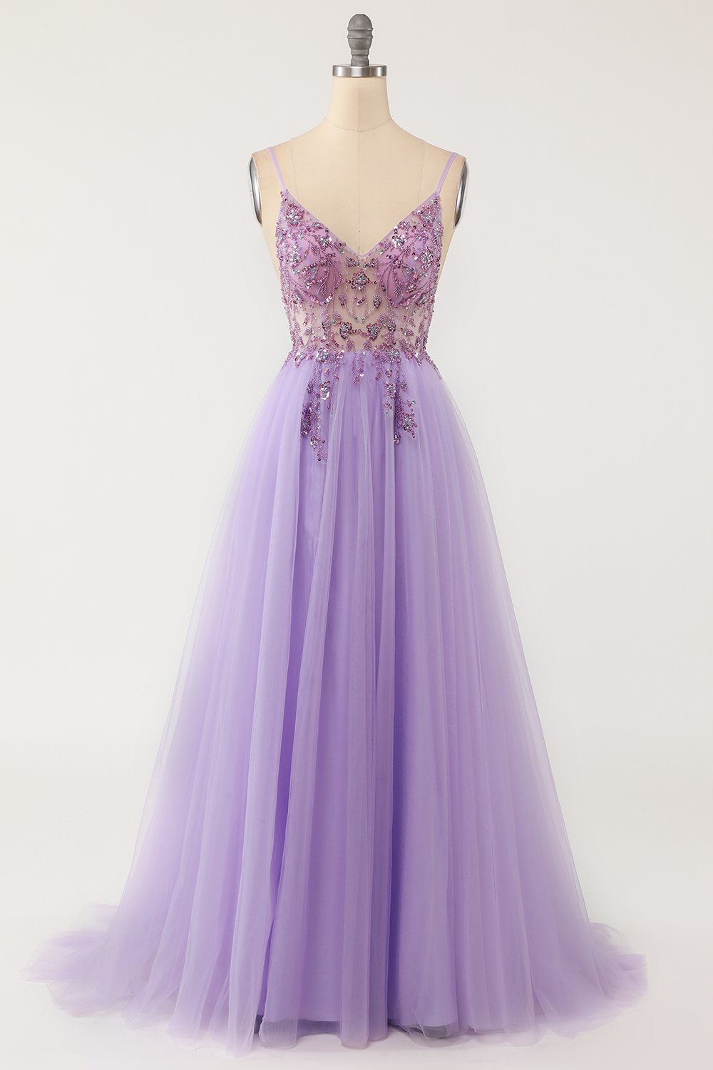 Light Purple A-line Rhinestones Tulle Long Prom Dress