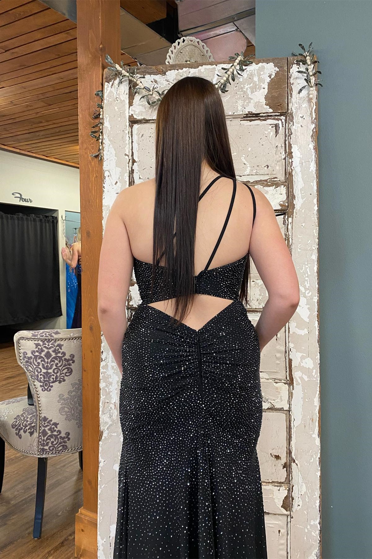 Blue Beaded One-Shoulder Ruched Long Formal Dress with Slit