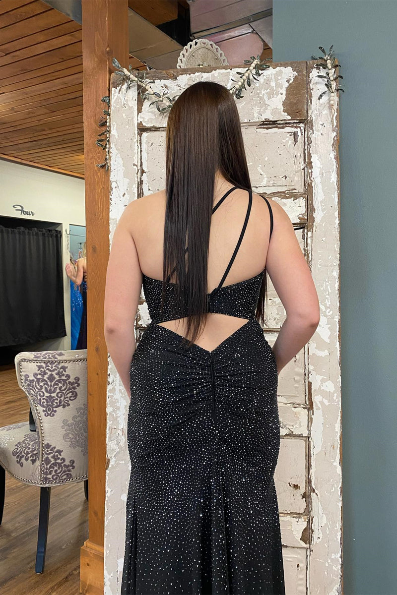 Blue Beaded One-Shoulder Ruched Long Formal Dress with Slit