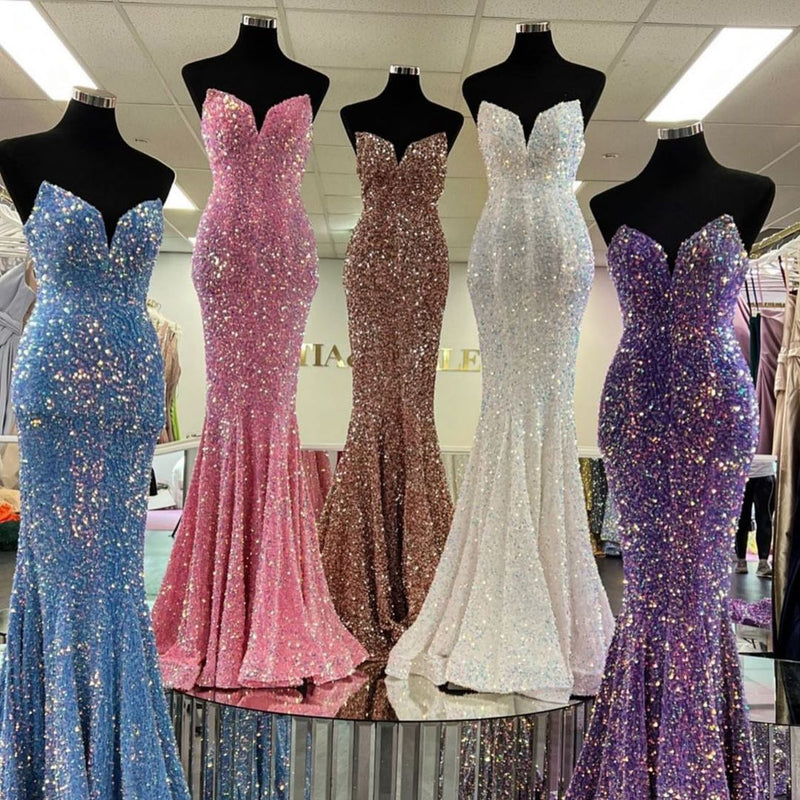 Mermaid Red Sequins Strapless Long Prom Dress