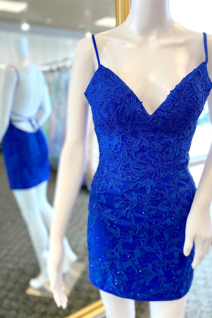 Royal Blue Appliqués Backless Mini Homecoming Dress